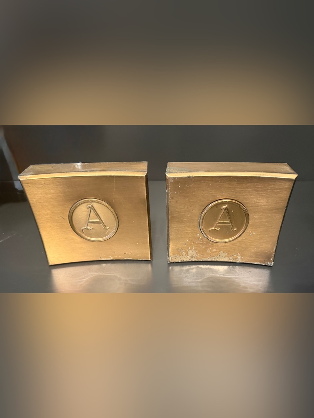 Vintage Heavy Brass Tone Monogram A Bookends Pair
